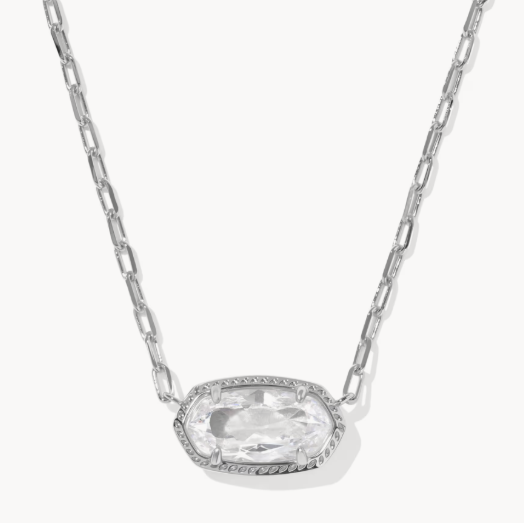 Silver necklace with a clear gemstone pendant on a white background