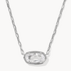 Silver necklace with a clear gemstone pendant on a white background