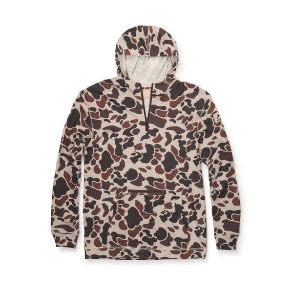Camouflage-patterned hoodie on a white background