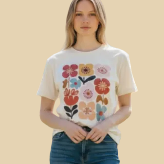 Person wearing a white t-shirt with colorful floral design on a beige background