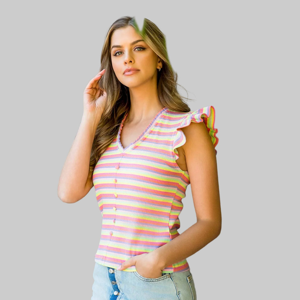 Woman wearing a colorful striped tank top 