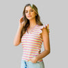 Woman wearing a colorful striped tank top 
