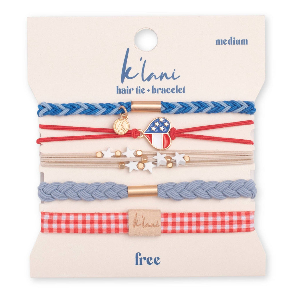 Set of hair ties and bracelets on a 'klani' branded card with various designs including stars, hearts, and American flag.