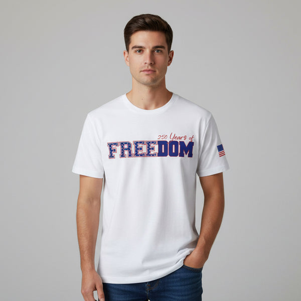 Man wearing a white t-shirt with '230 Years of Freedom' text on a gray background