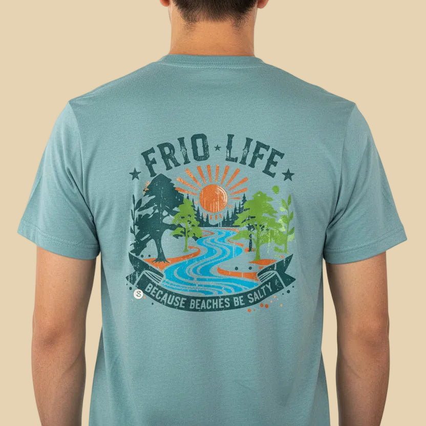 Person wearing a teal t-shirt with 'Frio Life' graphic design on the back.