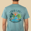 Person wearing a teal t-shirt with 'Frio Life' graphic design on the back.