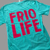 Turquoise t-shirt with red 'FRIE LIFE' text on a granite countertop