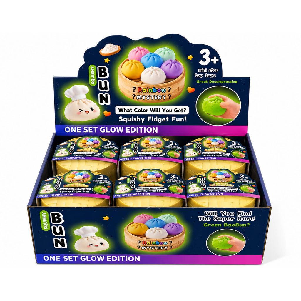 Display box of BUN Squishy Fidget Toys with colorful packaging and text.