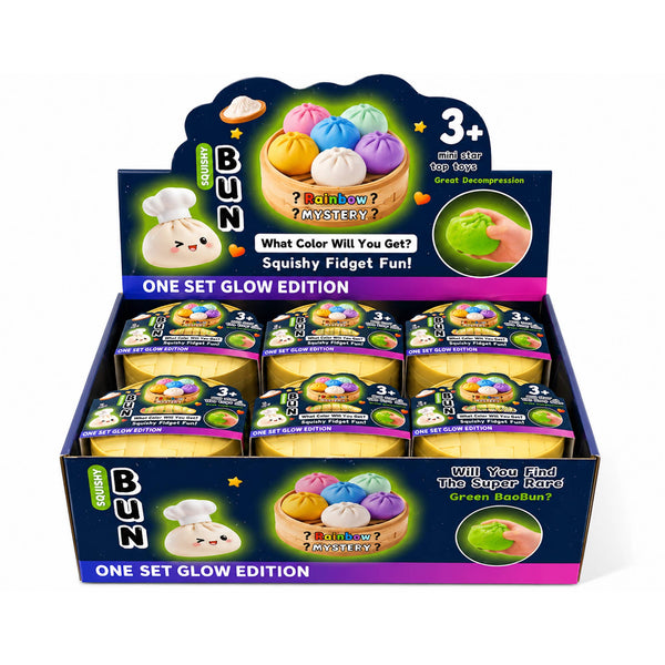 Display box of BUN Squishy Fidget Toys with colorful packaging and text.