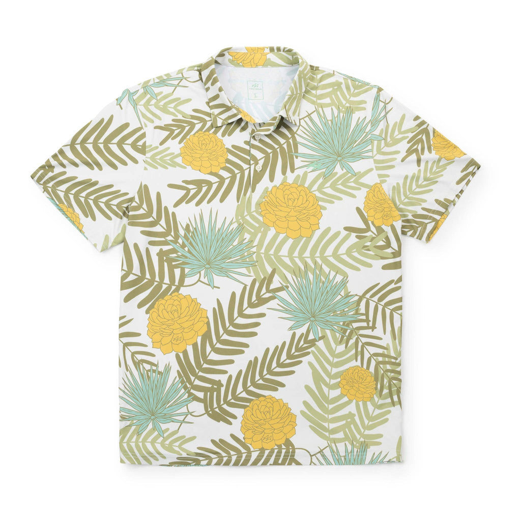 Short-sleeve shirt with a tropical leaf and pineapple pattern on a white background