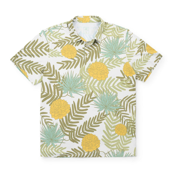 Short-sleeve shirt with a tropical leaf and pineapple pattern on a white background