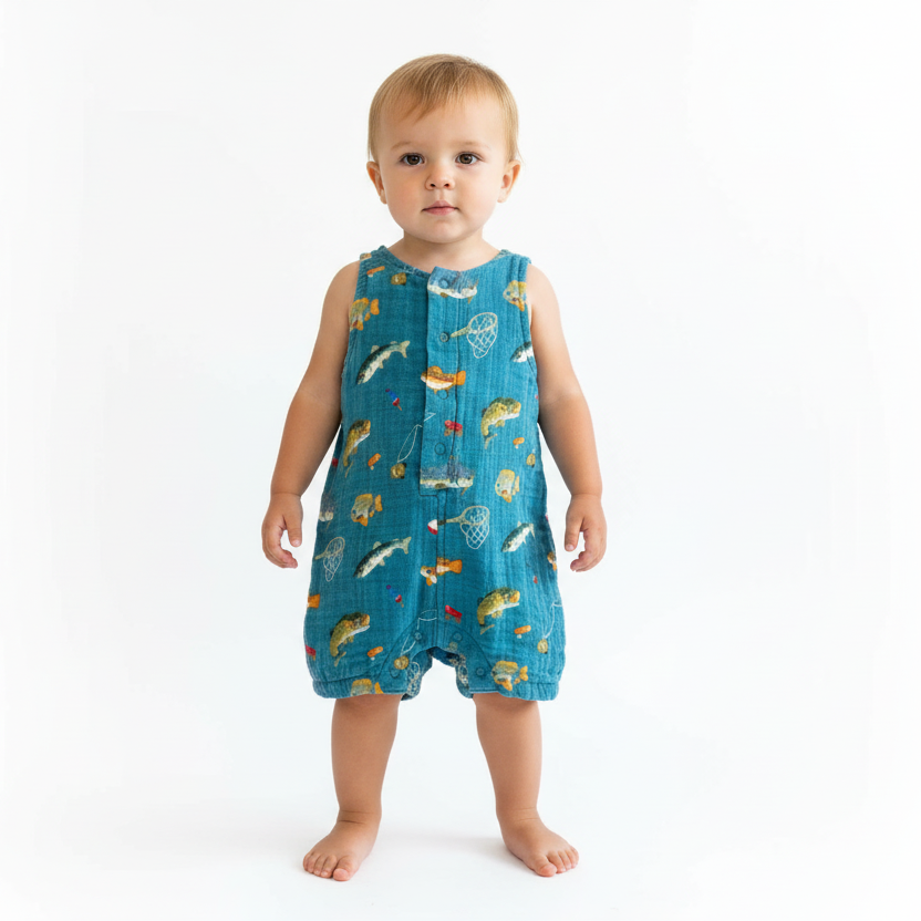 Baby wearing a blue romper with animal prints on a white background