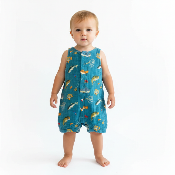 Baby wearing a blue romper with animal prints on a white background