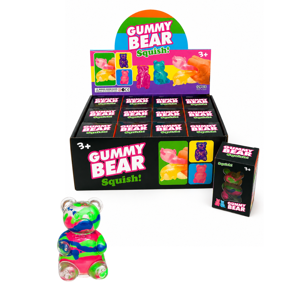 Gummy Bear Squish toy packaging with a single toy in front on a white background