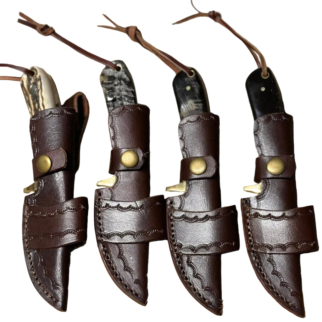 Four brown leather knife sheaths with decorative stitching on a white background