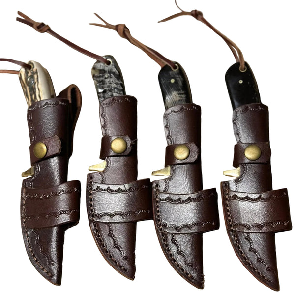 Four brown leather knife sheaths with decorative stitching on a white background