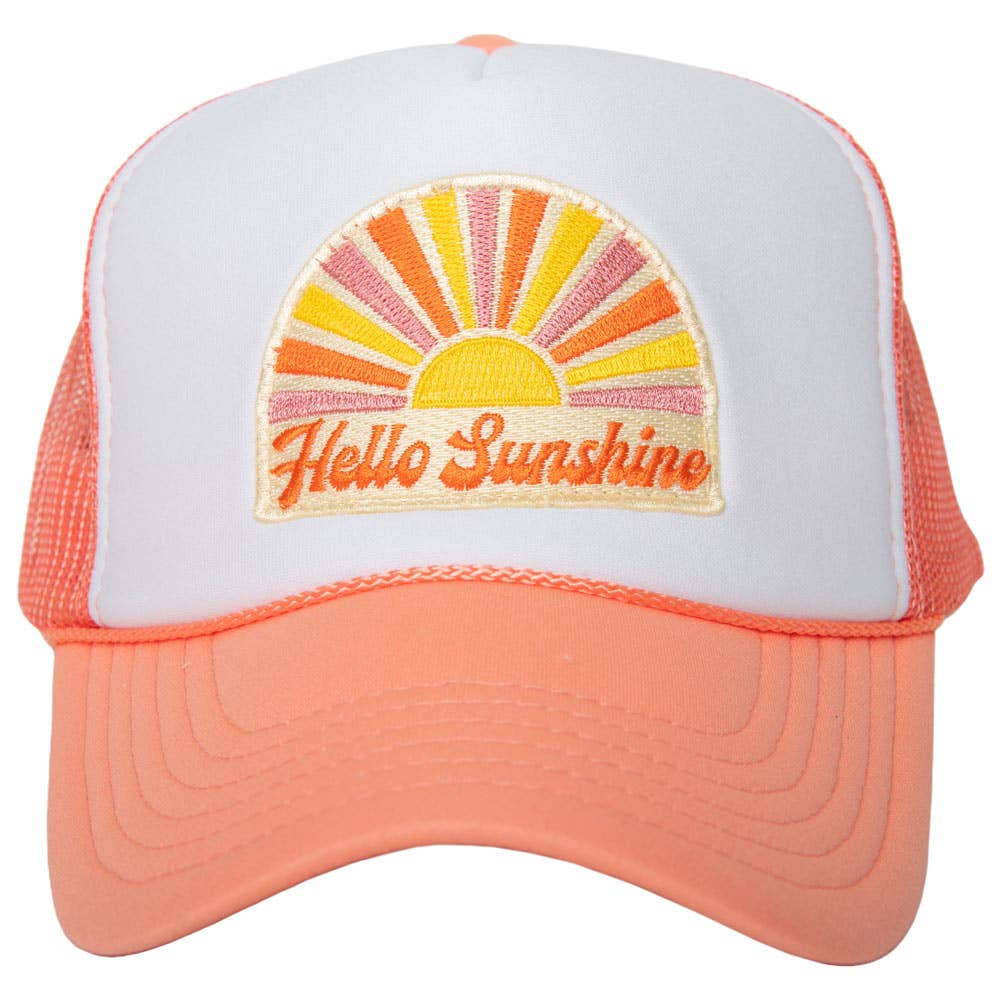 Trucker hat with 'Hello Sunshine' design on a white background