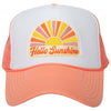 Trucker hat with 'Hello Sunshine' design on a white background