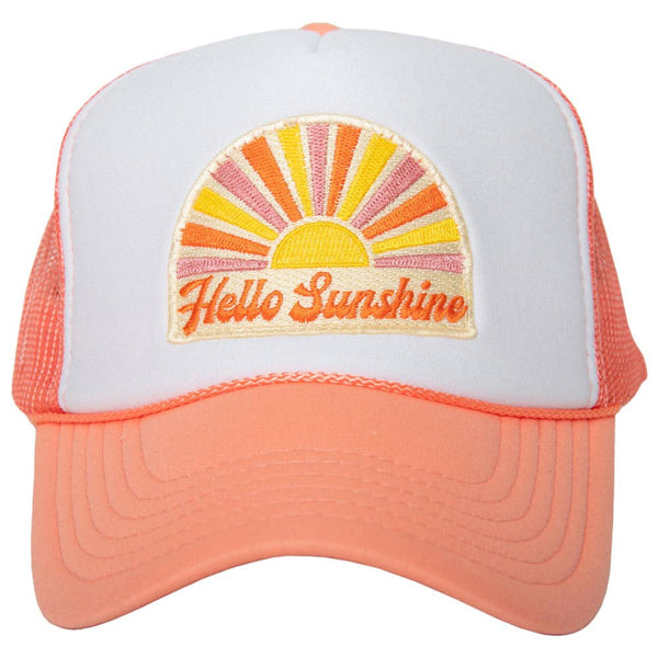 Trucker hat with 'Hello Sunshine' design on a white background