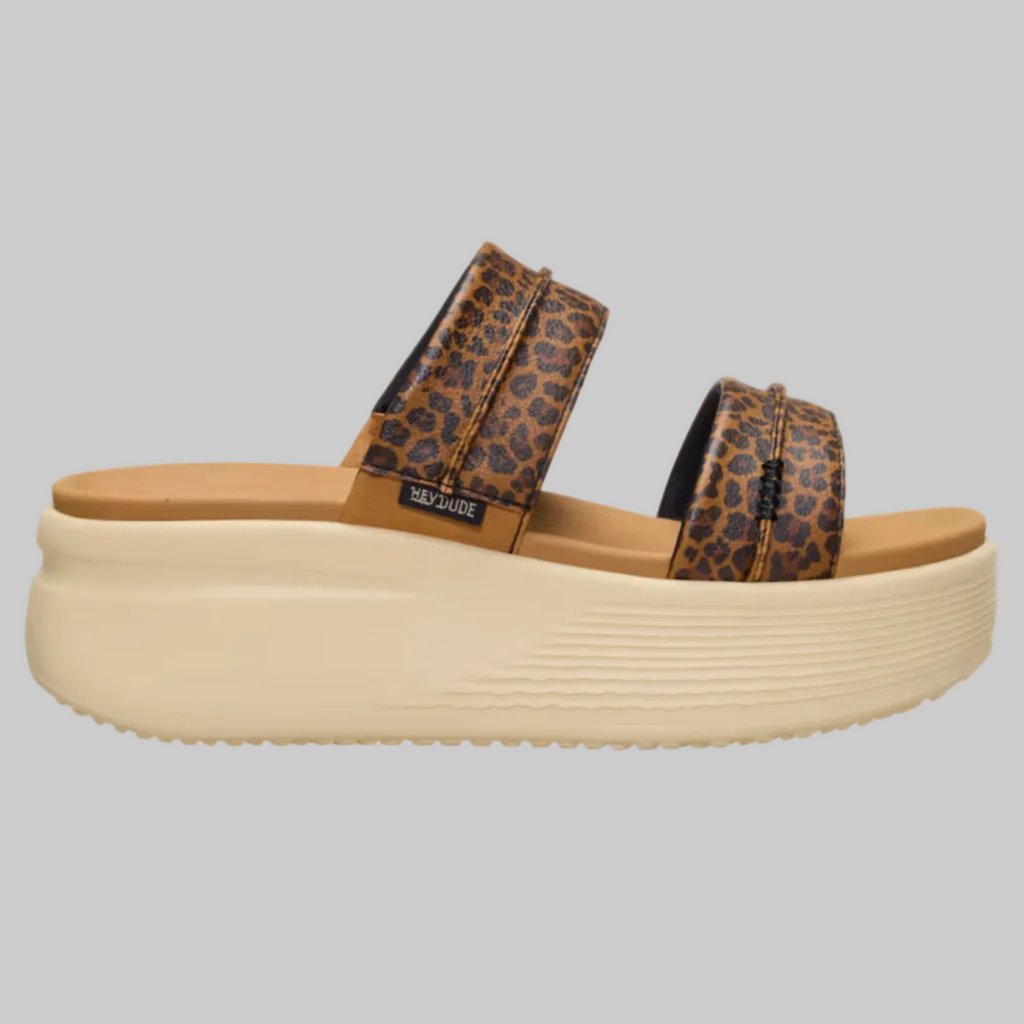 Leopard print platform sandal on a beige background