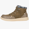Brown hiking boot with plaid lining on a white background
