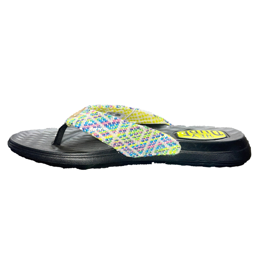 Flip-flop sandal with colorful pattern on a white background