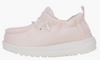 Pink children's shoe with white sole on a white background