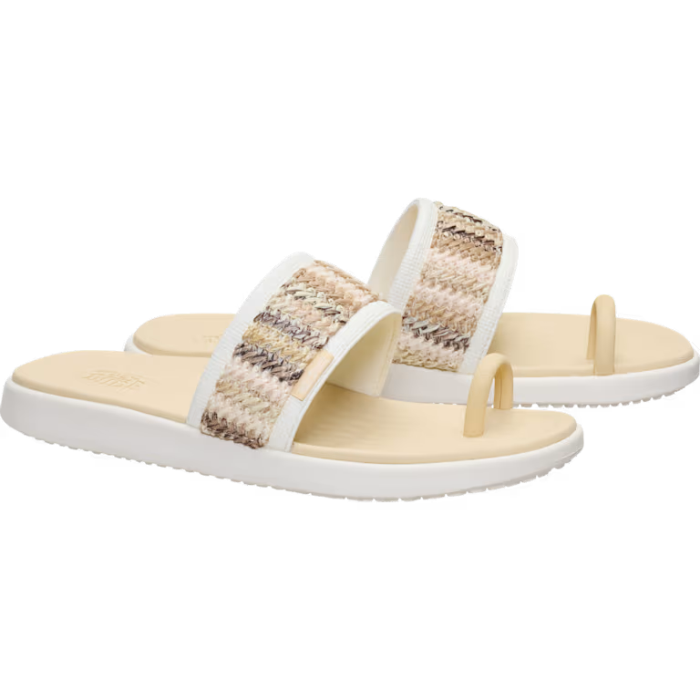 Pair of sandals with a patterned strap on a white background