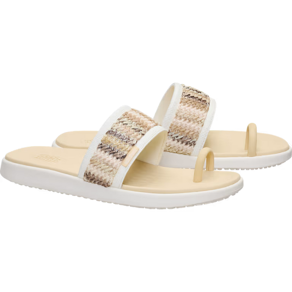 Pair of sandals with a patterned strap on a white background