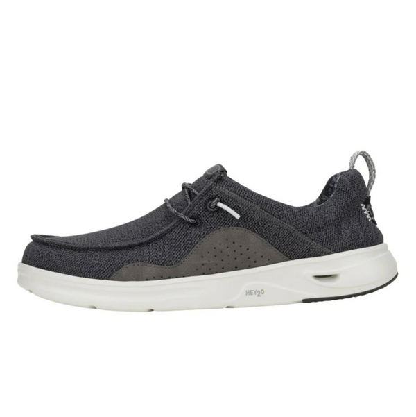 Dark gray casual shoe with white sole on a white background