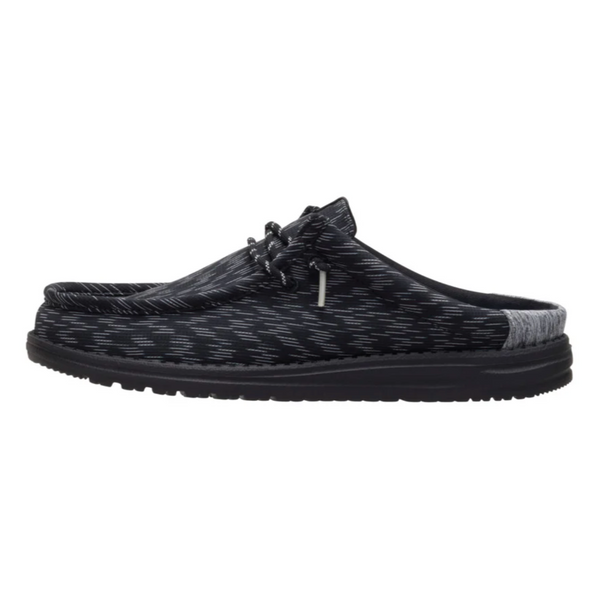 Black woven slip-on shoe with a gray sole on a white background