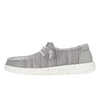 Gray knit shoe with white sole on a white background