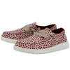 Red and white patterned shoes with white soles on a white background