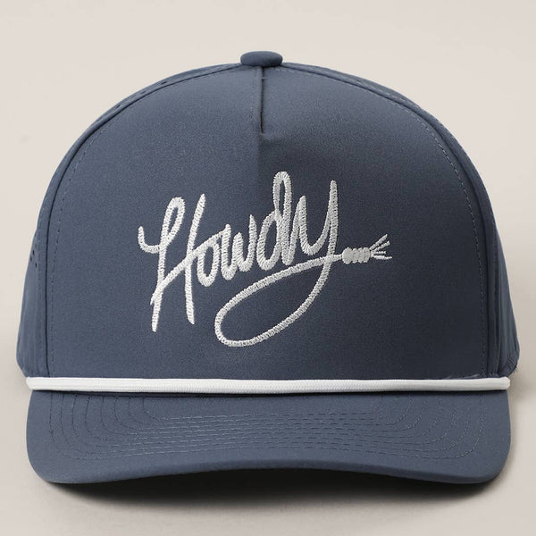 Blue cap with 'Howdy' embroidery on a beige background