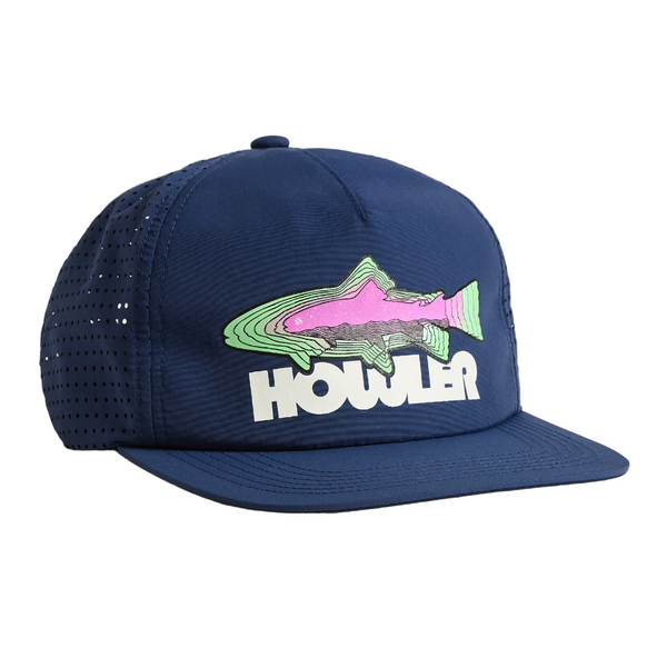 Navy blue cap with a fish graphic and 'Howler' branding on a beige background