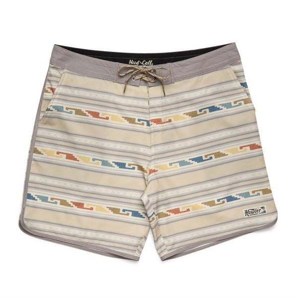 Striped shorts with a brand logo on a white background