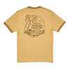 Beige t-shirt with a palm tree graphic and text on the back, on a white background