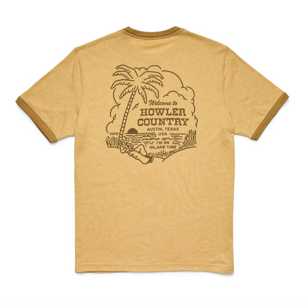 Beige t-shirt with a palm tree graphic and text on the back, on a white background