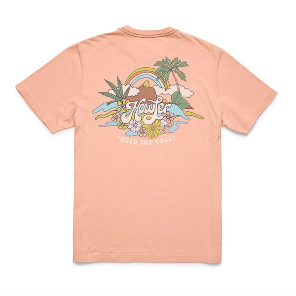 Pink t-shirt with a colorful graphic design on the back against a white background