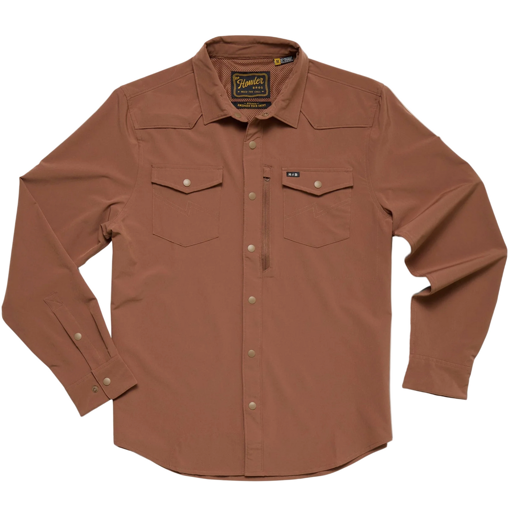 Brown shirt with a brand label on a white background