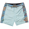Light blue shorts with floral side panels and brand logos on a white background