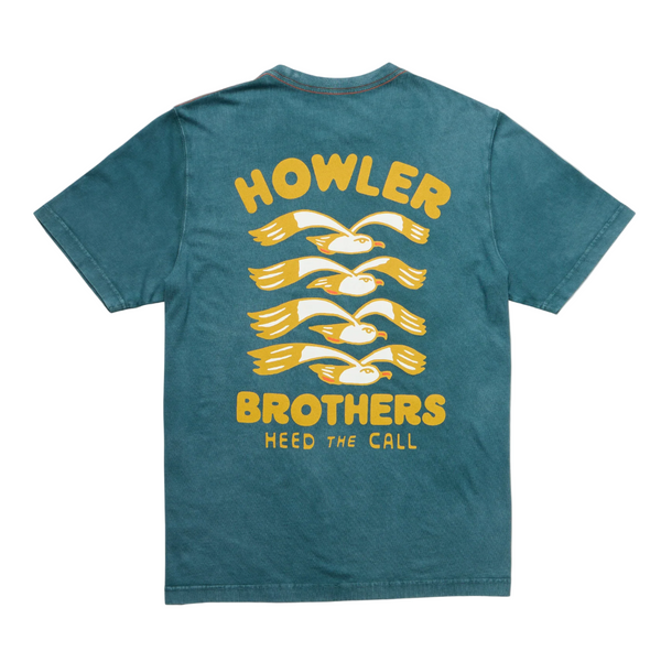 Blue t-shirt with yellow 'Howler Brothers' logo on a beige background