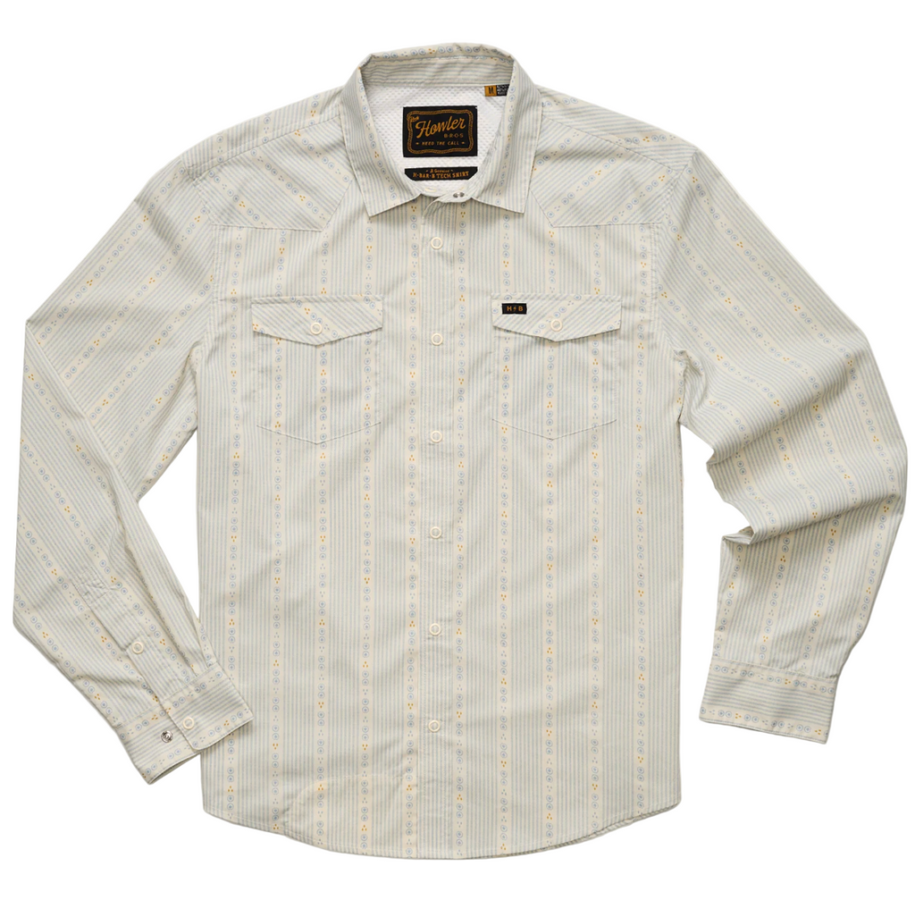 Light-colored patterned shirt with brand label on a white background