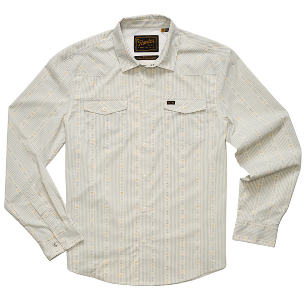 Light-colored patterned shirt with brand label on a white background