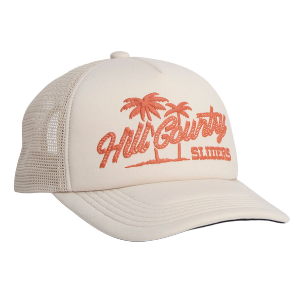 Beige trucker cap with 'Hill Country Sliders' logo on a beige background