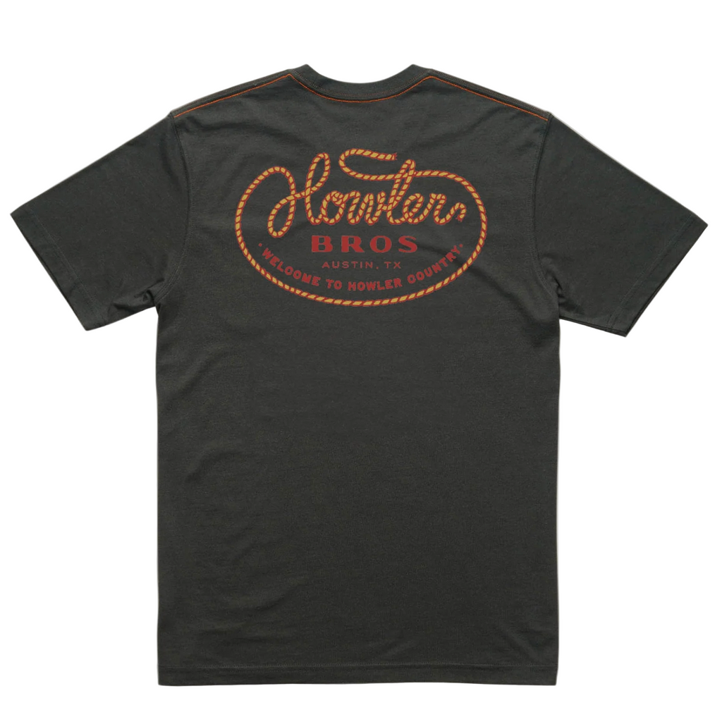 Black t-shirt with 'Howler Bros' logo on the back against a white background