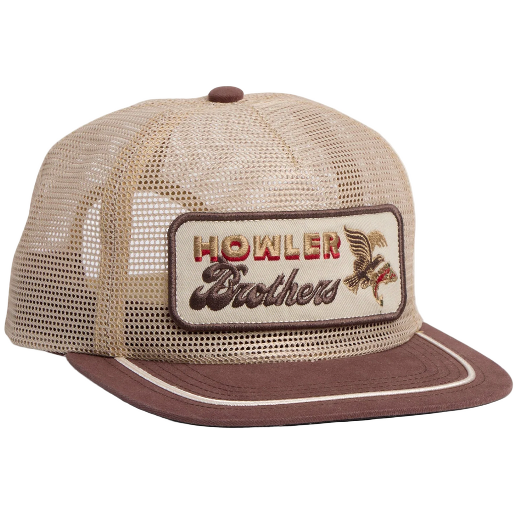 Beige mesh cap with brown brim and 'Howler Brothers' logo on a white background