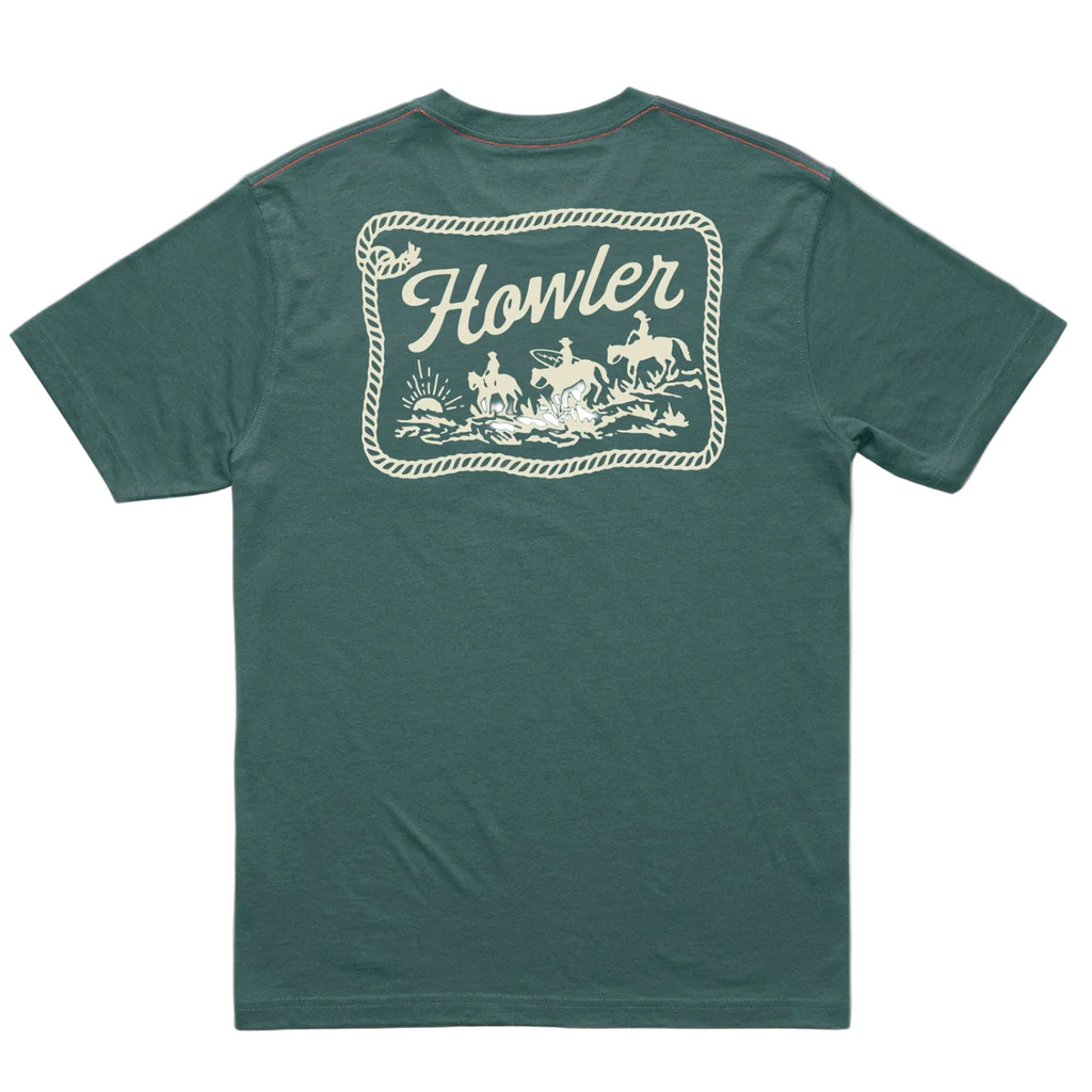 Green t-shirt with 'Howler' logo on the back against a white background
