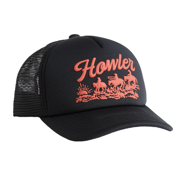 Black trucker cap with red 'Howler' logo on a beige background