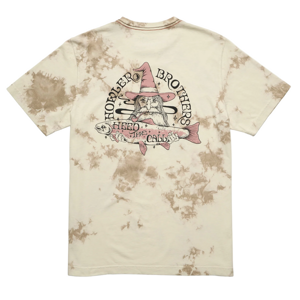 Tie-dye t-shirt with a graphic design on a white background